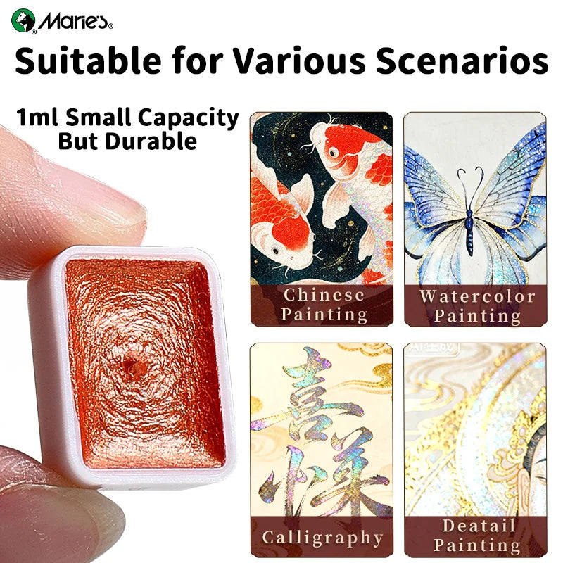 A small pink square tube of durable watercolor paint is shown next to various artistic applications like calligraphy and deta