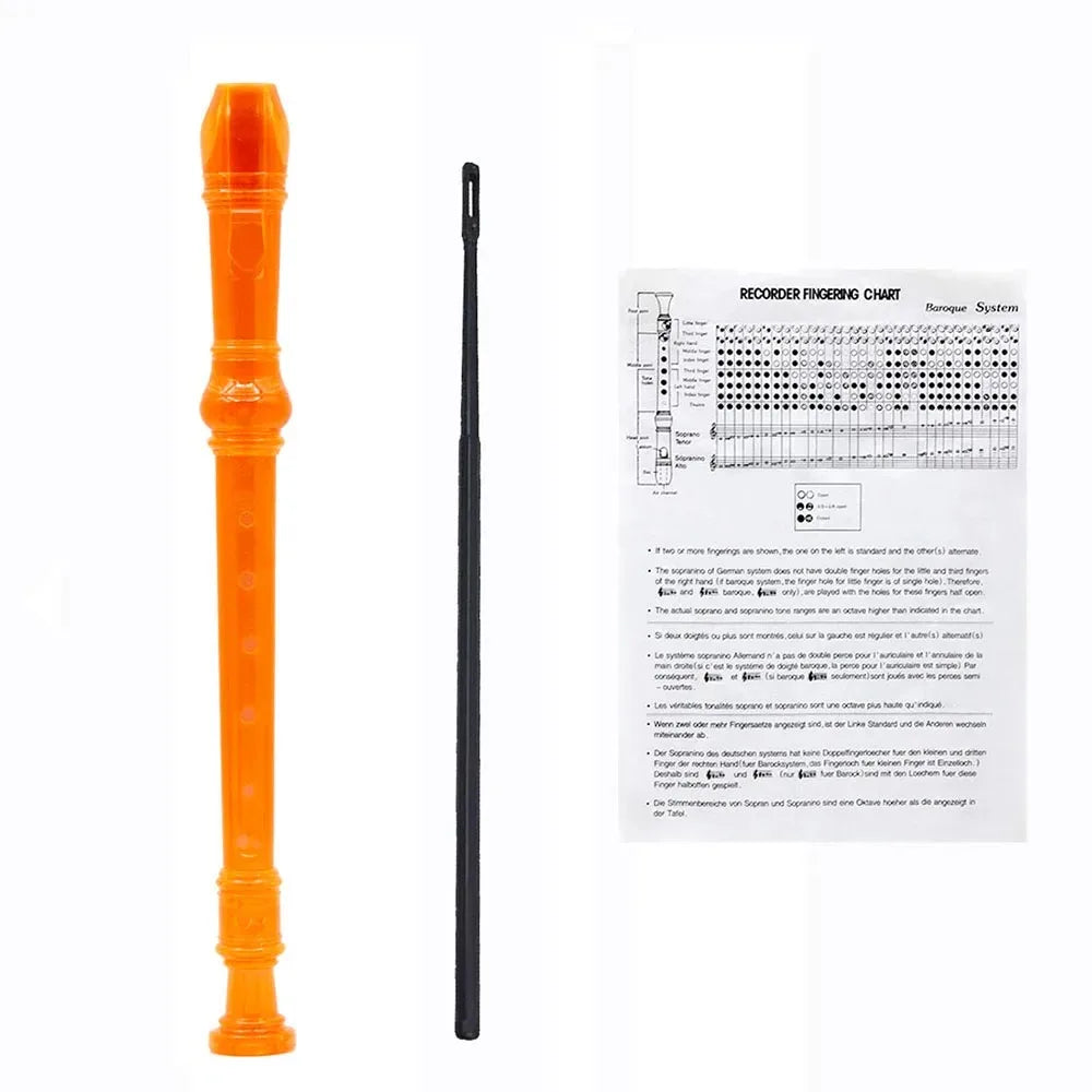 Orange 8-hole soprano recorder with a cleaning rod and fingering chart