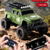 A green 1:64 scale alloy off-road RC vehicle is shown with hands operating it, highlighting its dual control system and light