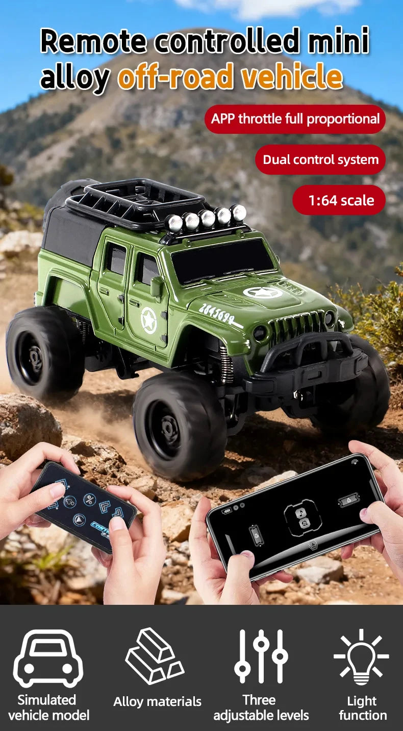 A green 1:64 scale alloy off-road RC vehicle is shown with hands operating it, highlighting its dual control system and light