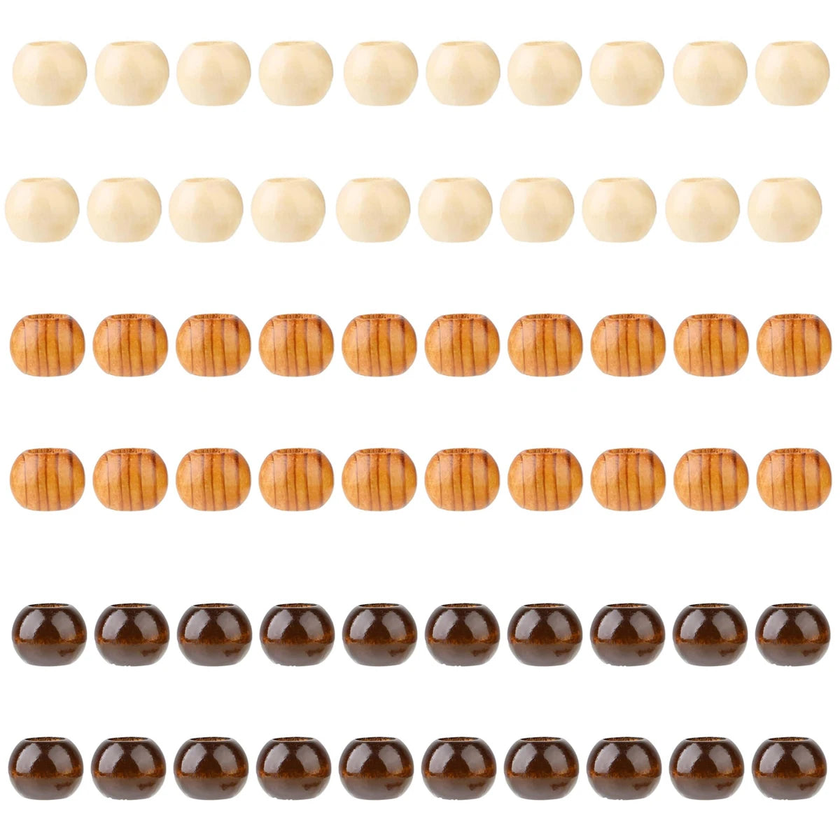 A collection of natural wooden spacer beads in various light and dark wood tones arranged in rows.