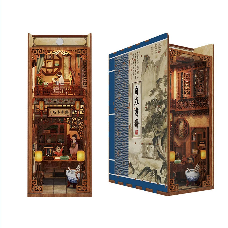 A wooden DIY book nook kit featuring traditional Japanese architecture with detailed scenes and LED lighting.