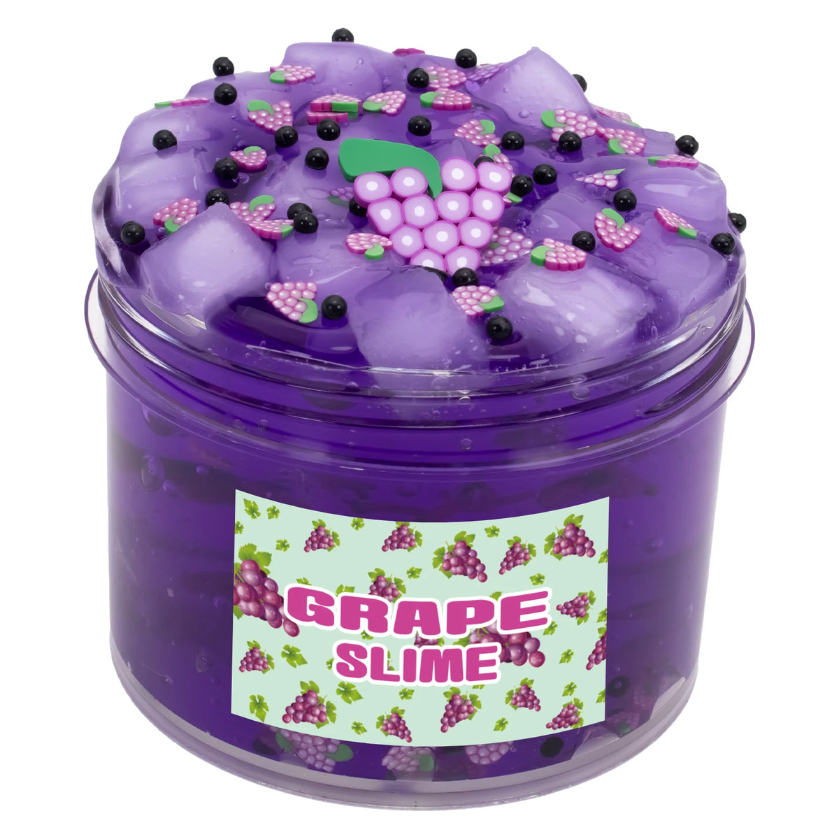 Jar of grape slime jelly putty with purple color and pink grape decorations