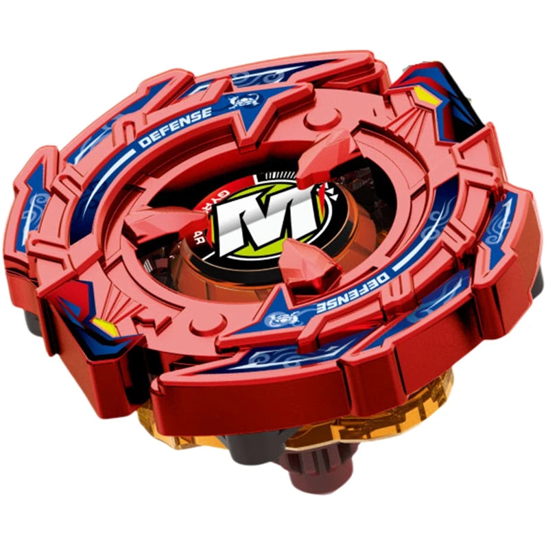 Top rouge et bleu tournant, design métal et plastique avec un logo central noir et jaune.