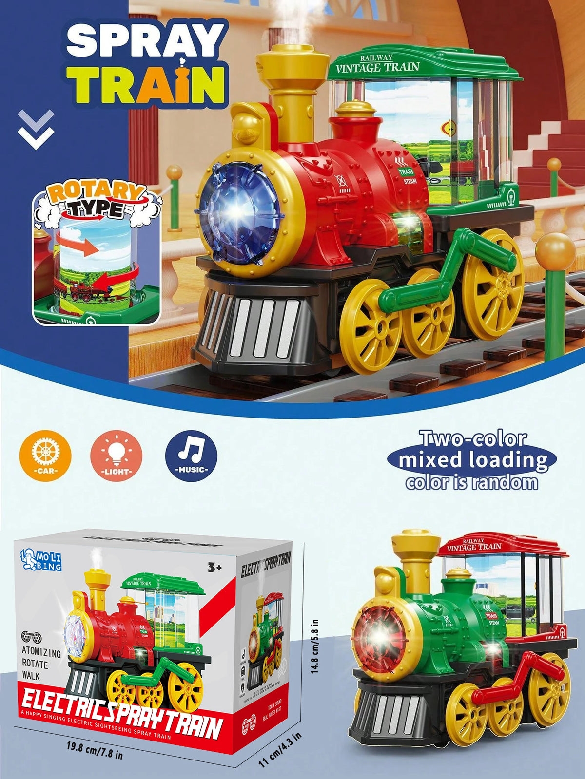 A red and yellow electric spray train model with lights and sounds on a track.