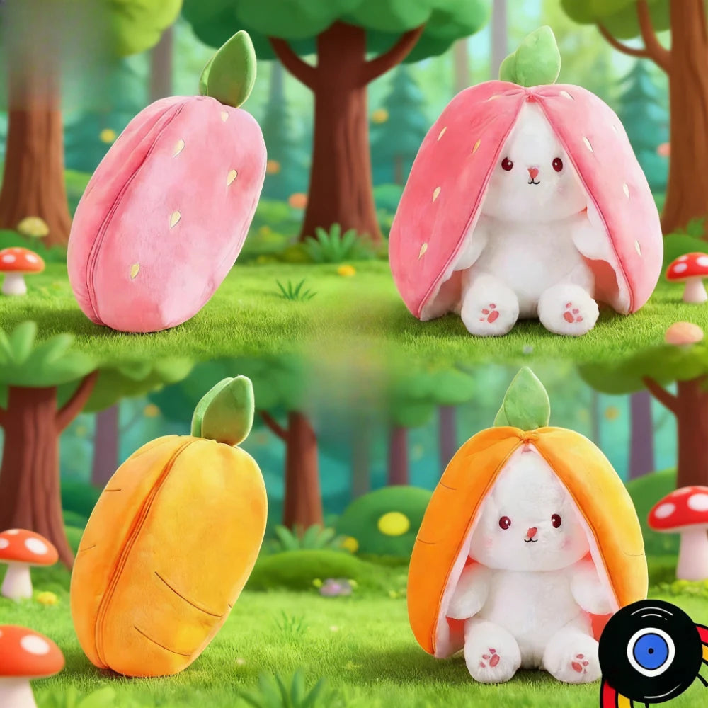 Three plush bunny toys shaped like various fruits, including a pink pear, an orange mango, and a yellow squash, set in a gree