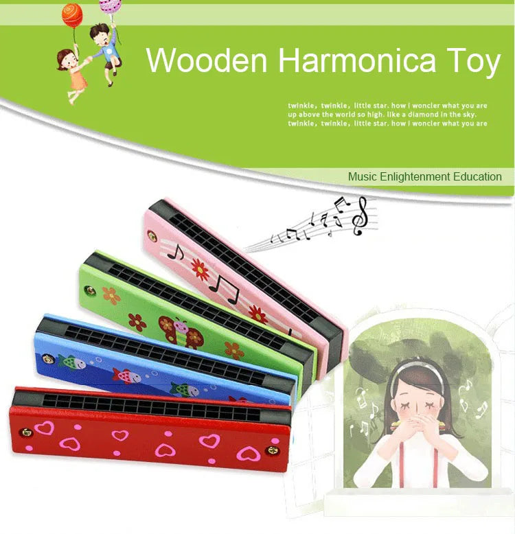 A set of pink and green wooden harmonica toys with cartoon animal designs.