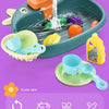 A set of kids electric play dishwasher toys in green and yellow, demonstrating a water cycle.