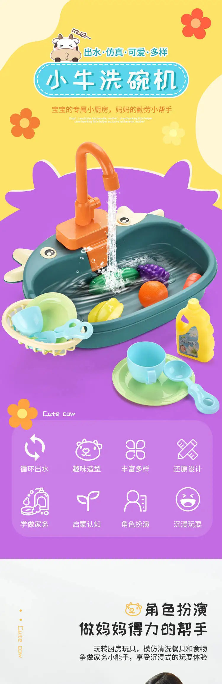 A set of kids electric play dishwasher toys in green and yellow, demonstrating a water cycle.