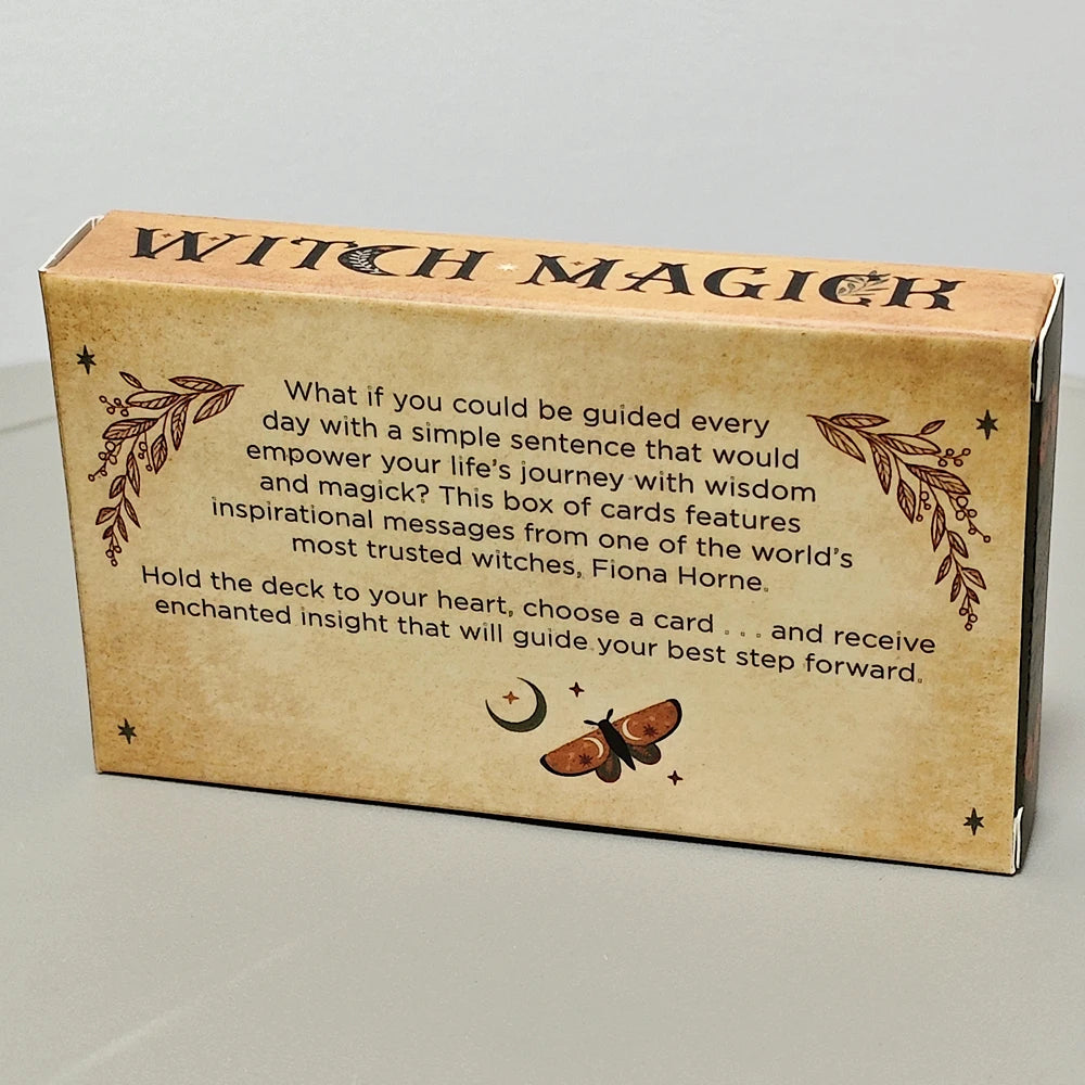 A rectangular box for a Witch Magick oracle deck featuring inspirational messages and cards.