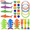 A collection of 26 plastic diving toys including sharks and fish in various bright colors like green, pink, orange, and blue.