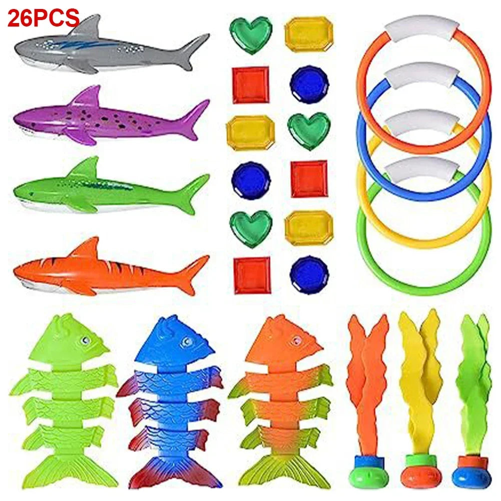 A collection of 26 plastic diving toys including sharks and fish in various bright colors like green, pink, orange, and blue.