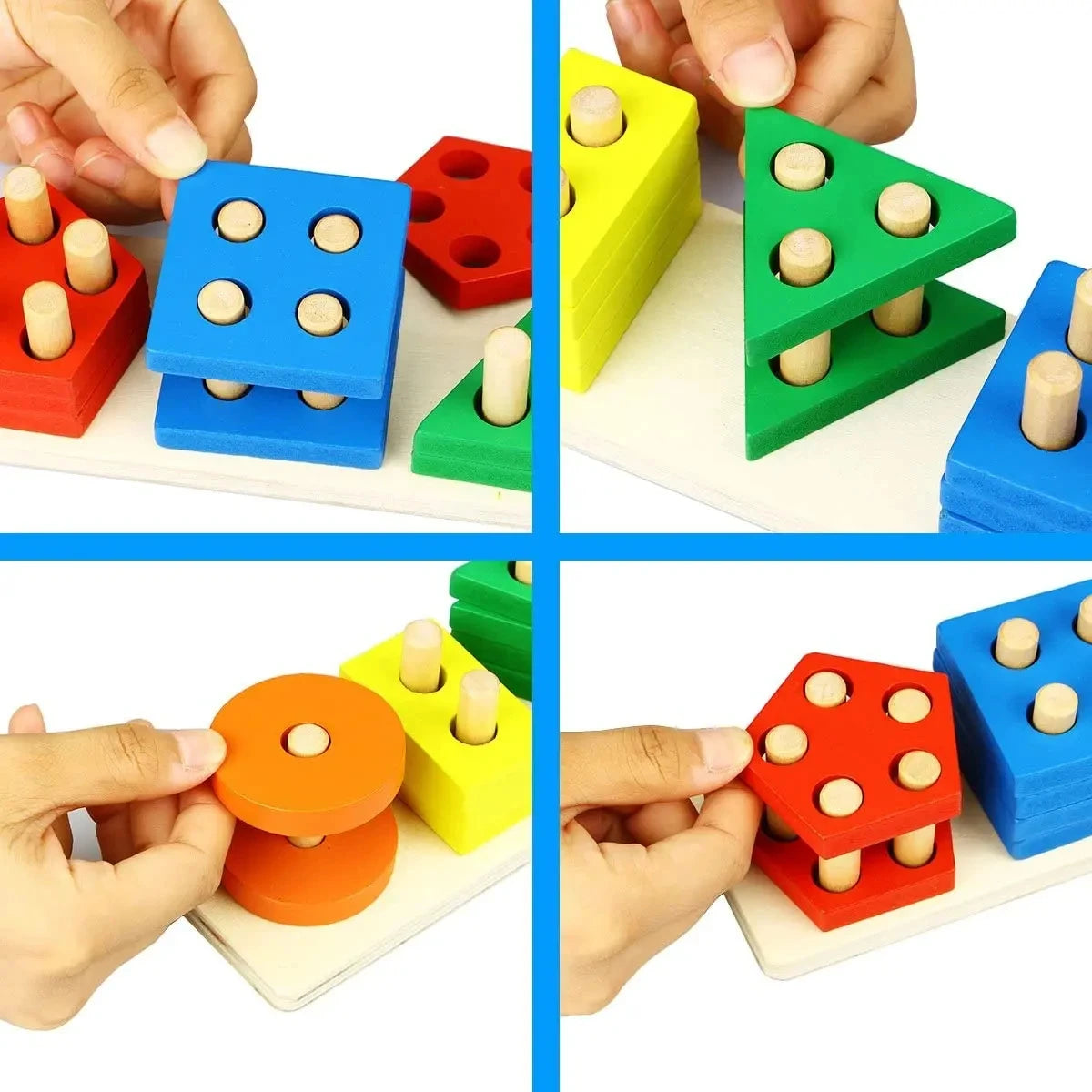 Ein Set aus Holz-Formen-Stapelspielzeug in verschiedenen Farben wie rot, blau, grün und gelb, das von Kinderhänden gehalten w