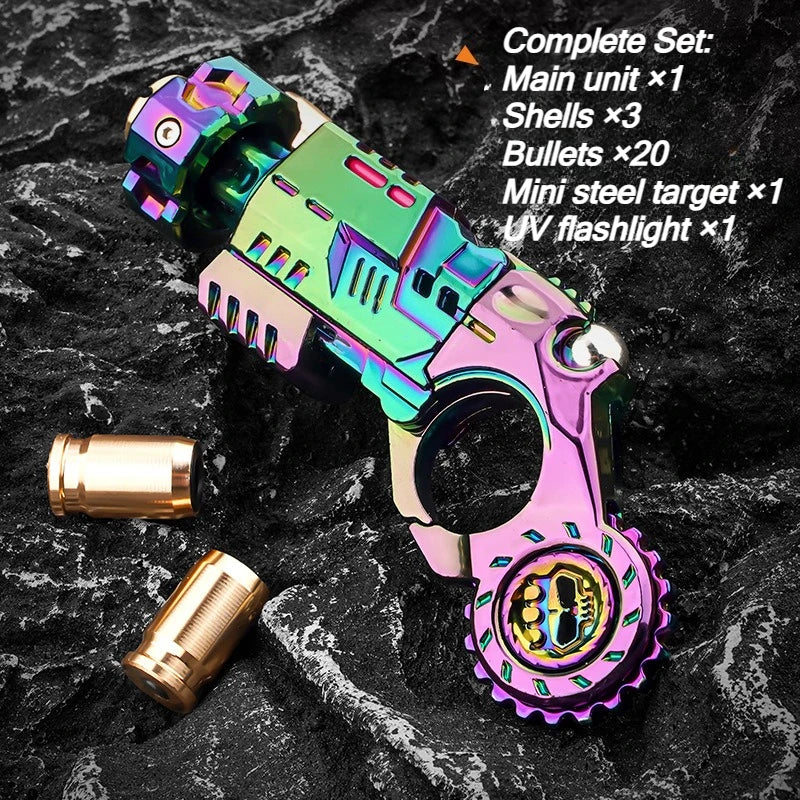 A complete set of an alloy shell-ejecting toy pistol with various accessories on a black textured surface.