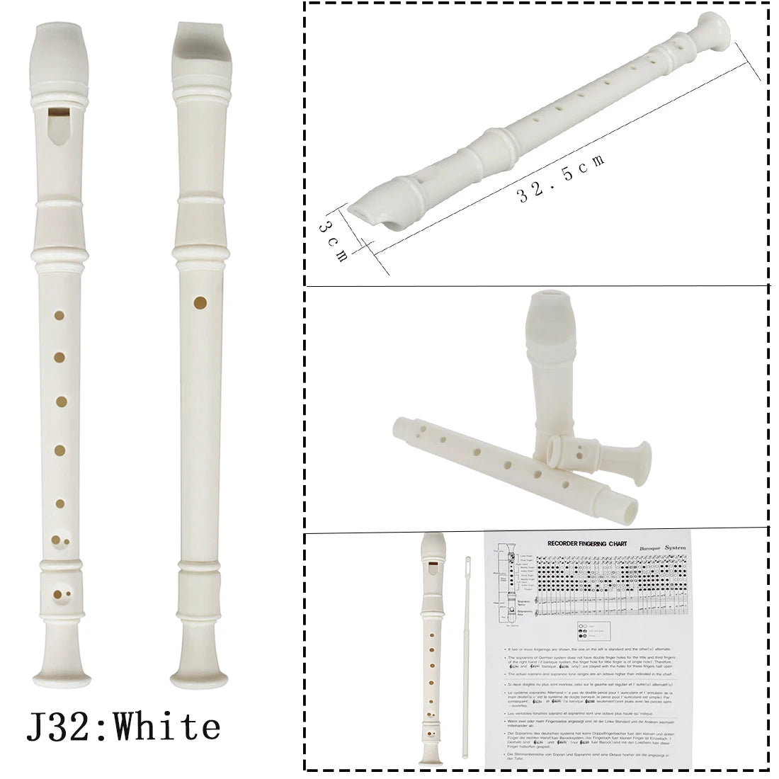 White J32 recorder flute with cleaning stick and diagram
