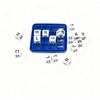 A blue plastic box containing white letter dice used for a word search game.