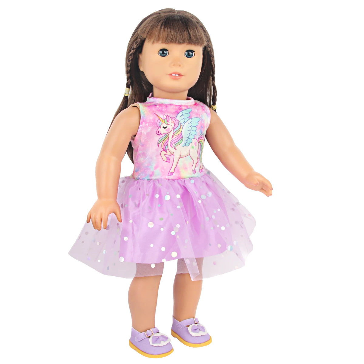 A doll wearing a pink unicorn top and purple tulle skirt with purple shoes.