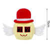 A yellow plush toy with red hat and white wings featuring two question mark eyes.