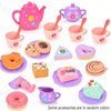 A colorful 27-piece pretend play tea party set featuring pink and purple teapots, cups, and food items for children.