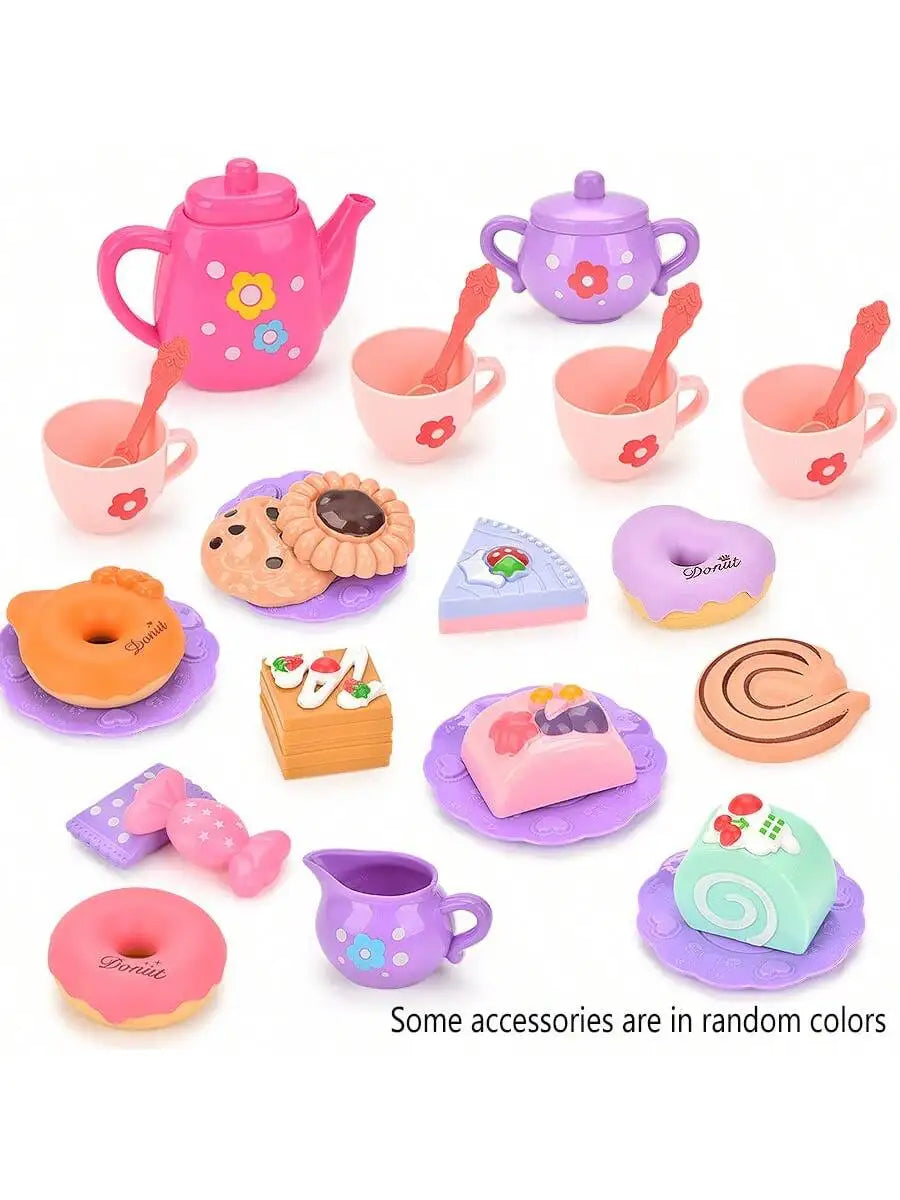 A colorful 27-piece pretend play tea party set featuring pink and purple teapots, cups, and food items for children.