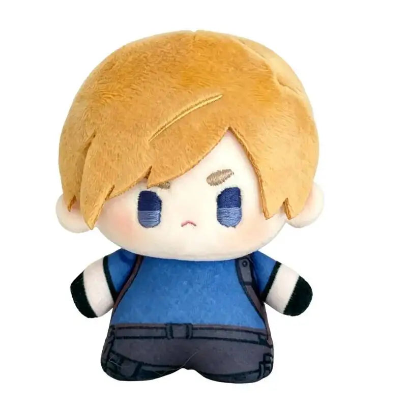 A plush doll set featuring characters Leon and Ashley from Resident Evil 9 with blonde hair and blue clothing.