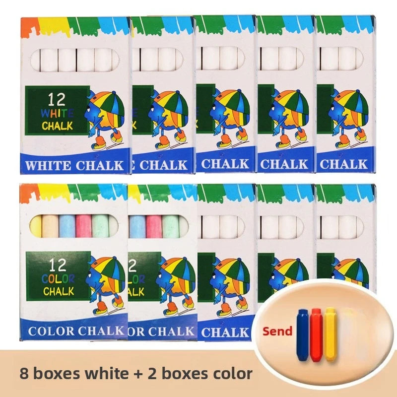 A set of 10 boxes of white and color chalks for children's art and coloring