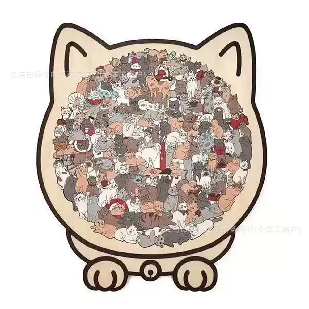 A wooden jigsaw puzzle shaped like a cat, featuring many small pieces.