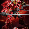 A detailed model kit of a red and gold Kai Tiger Lake Knight featuring armor and a sword, displayed against a dark background