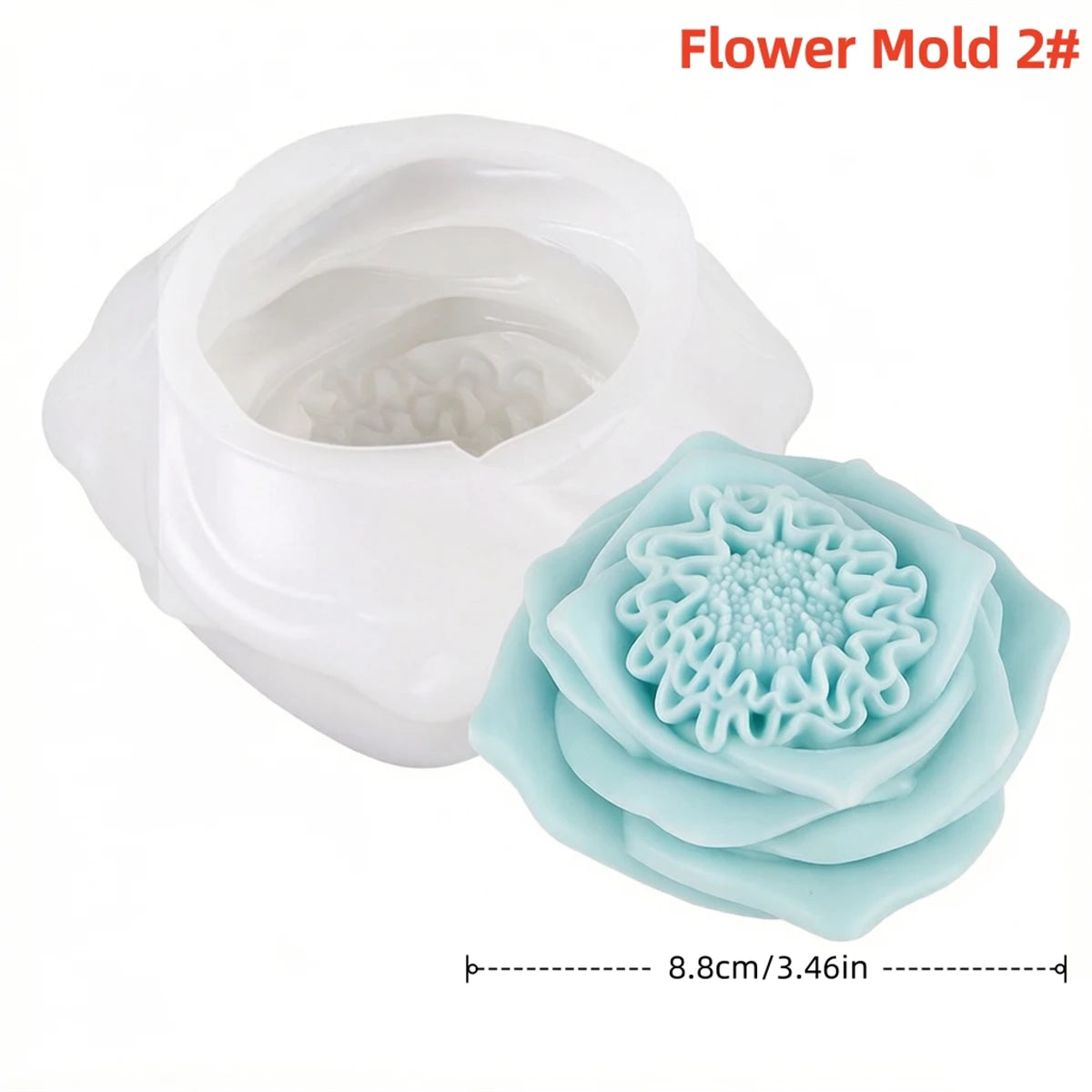 A white silicone flower mold with multiple layers of light blue floral shapes shown next to a measurement scale.