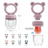 Set aus Silikon-Frucht-Futter-Pacifiers in verschiedenen Farben und Größen für Babys.