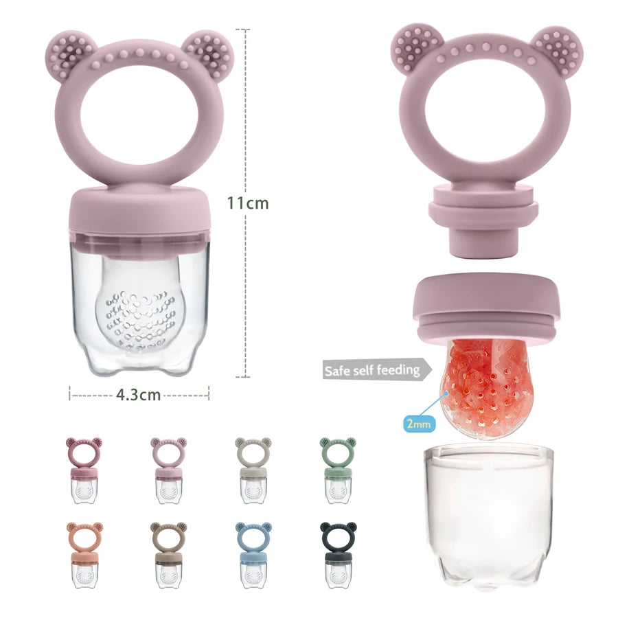 Set aus Silikon-Frucht-Futter-Pacifiers in verschiedenen Farben und Größen für Babys.