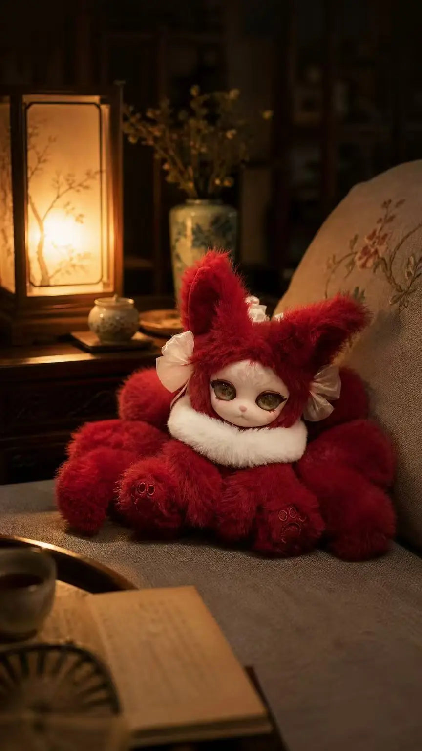 A fluffy red fox plush collectible with large eyes is displayed next to a lit lantern in a dimly lit setting.