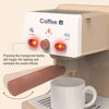 A coffee machine set for pretend play featuring lights and sound effects, with a transparent button to trigger the effects.