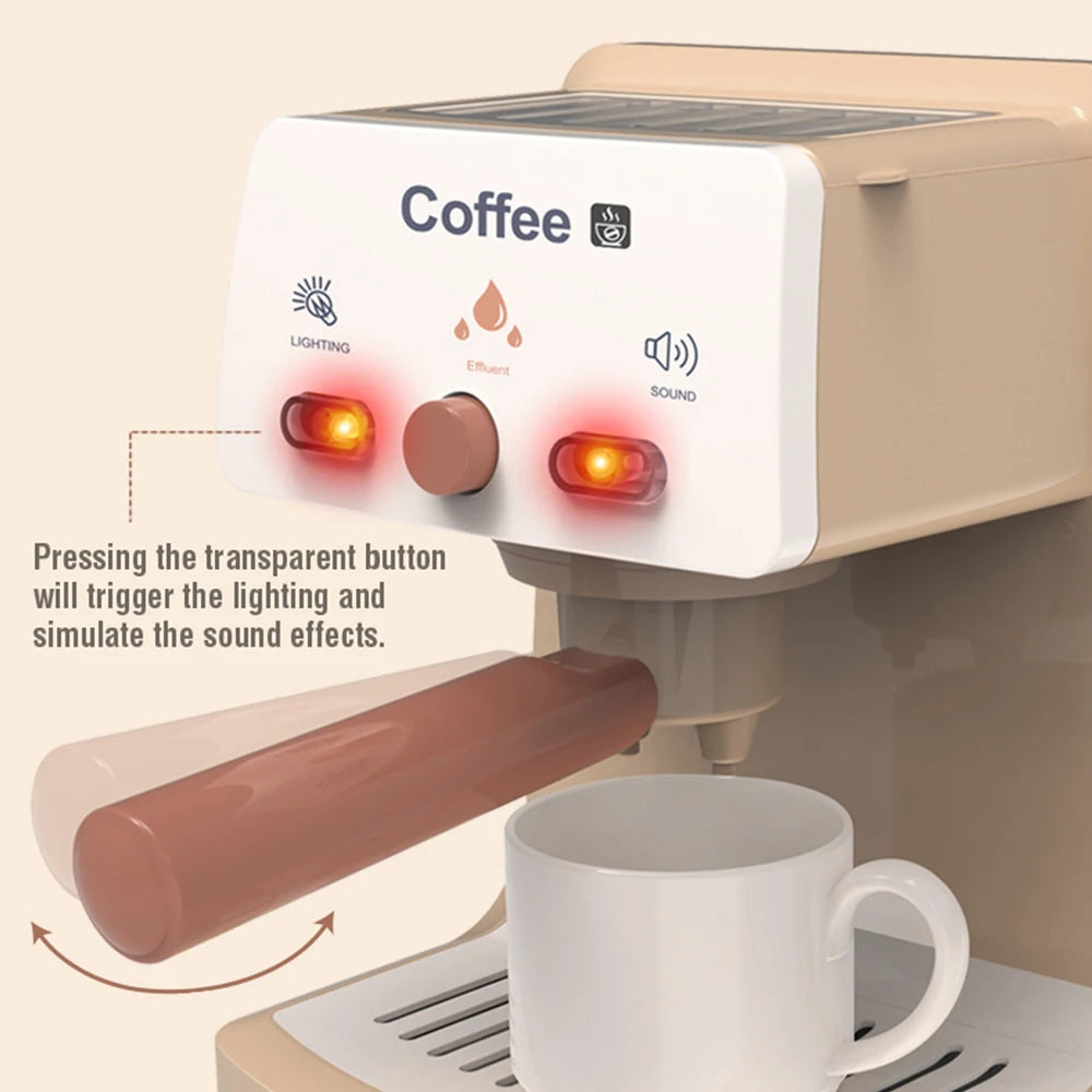 A coffee machine set for pretend play featuring lights and sound effects, with a transparent button to trigger the effects.