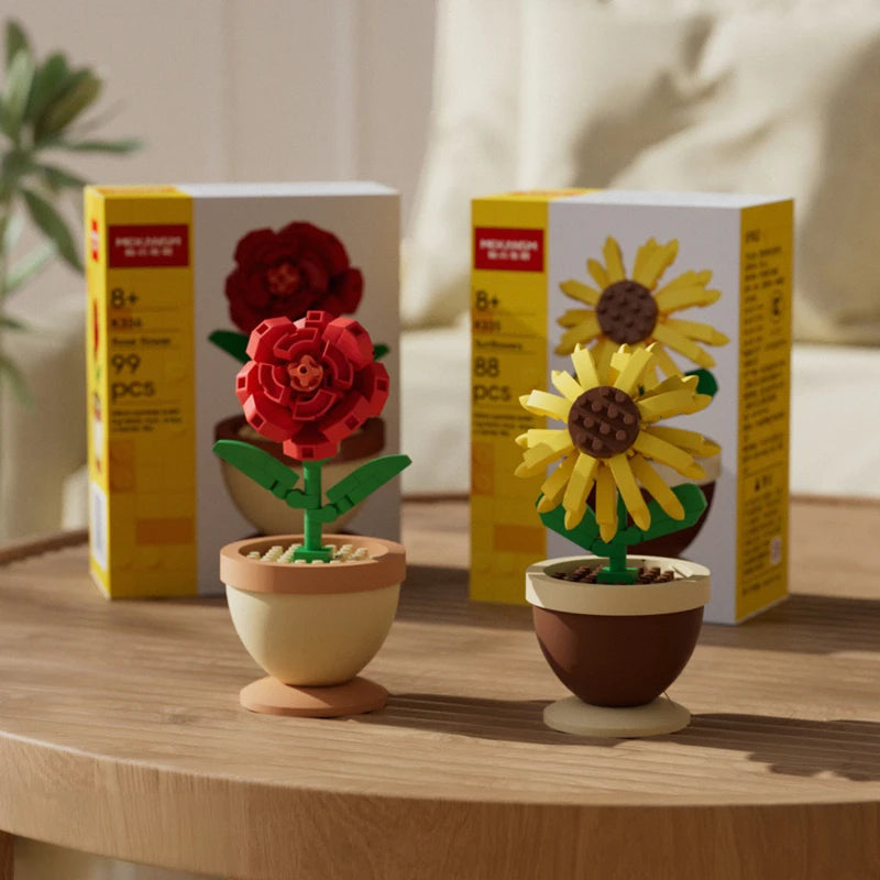 Building Block Flower Pot Set – Roses, Sunflowers & Carnations
