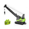 A green mini RC forklift truck with a black boom and fork is shown on a white background.