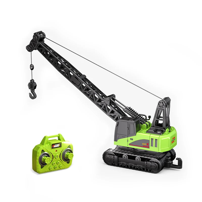 A green mini RC forklift truck with a black boom and fork is shown on a white background.