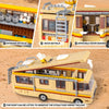 A detailed building set of a bus with an open roof for observation, showing interior and exterior details.