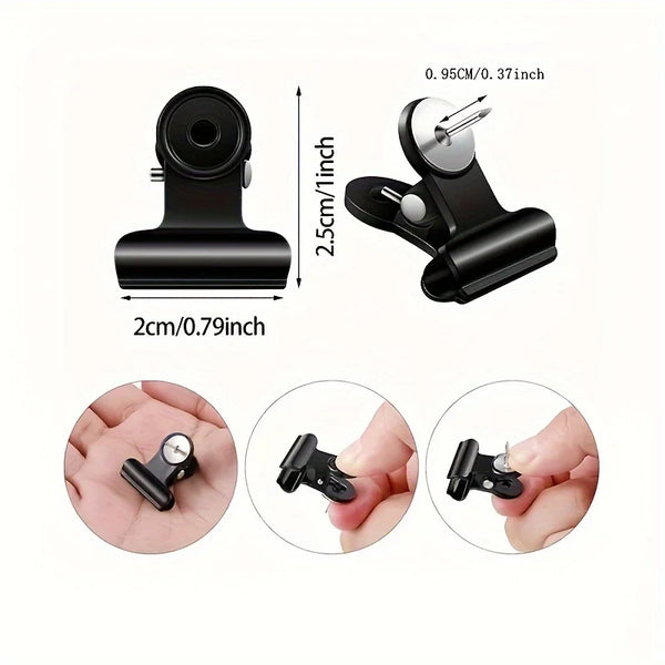 Black decorative push pin clips designed for bulletin boards, shown in various angles.
