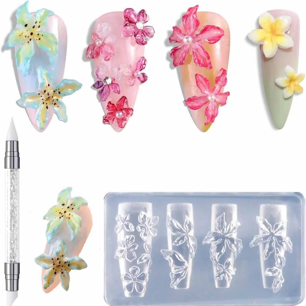 A set of silicone nail molds in various pink and yellow floral designs with a carving pen.