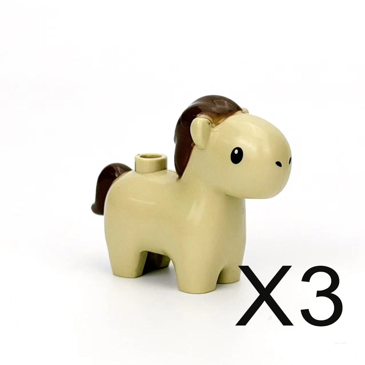 Three light beige and brown horse-shaped building blocks from an African wildlife animal set