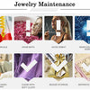 Jewelry maintenance tips showing how to avoid chemicals, bath, sweat, collision or scratch, sleeping, cleaning with soft clot