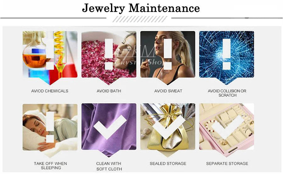 Jewelry maintenance tips showing how to avoid chemicals, bath, sweat, collision or scratch, sleeping, cleaning with soft clot