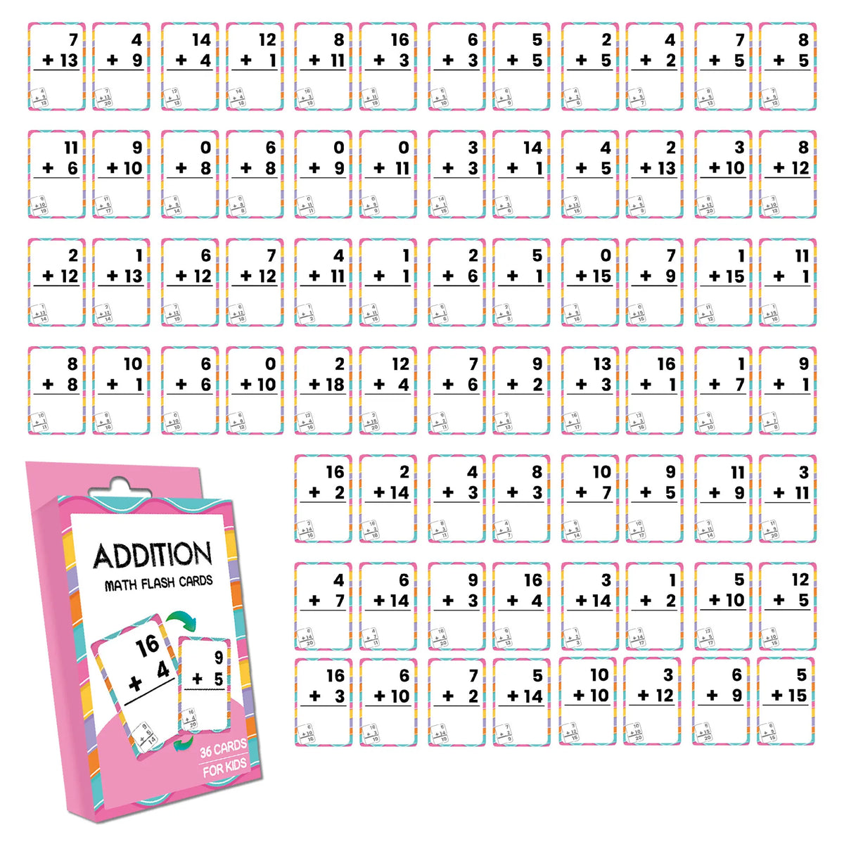 A set of addition flash cards for kids showing various numbers and operations.