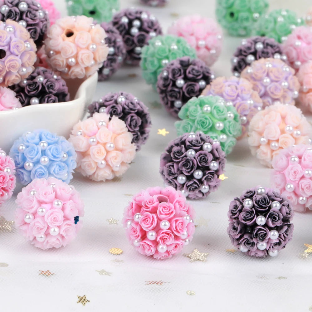 Assortment of pink, purple, and green rose flower ball acrylic beads for jewelry making