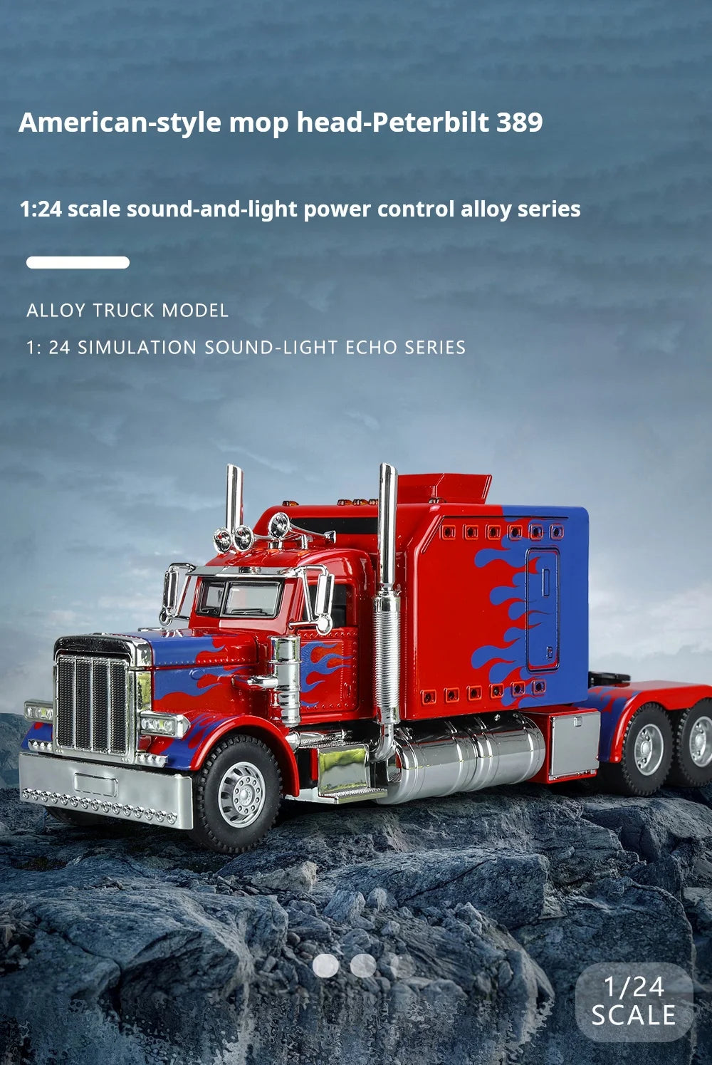 A red and blue American-style mop head Peterbilt 389 truck model in 1:24 scale with simulated sound and light features.