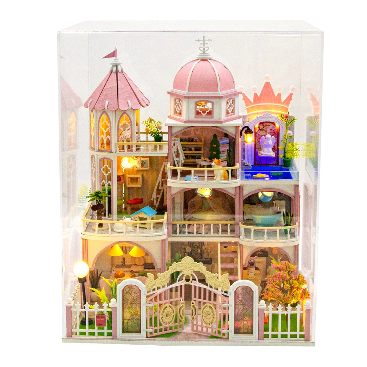 A detailed wooden dollhouse kit of a castle featuring pink and orange architecture with LED lighting and furniture.