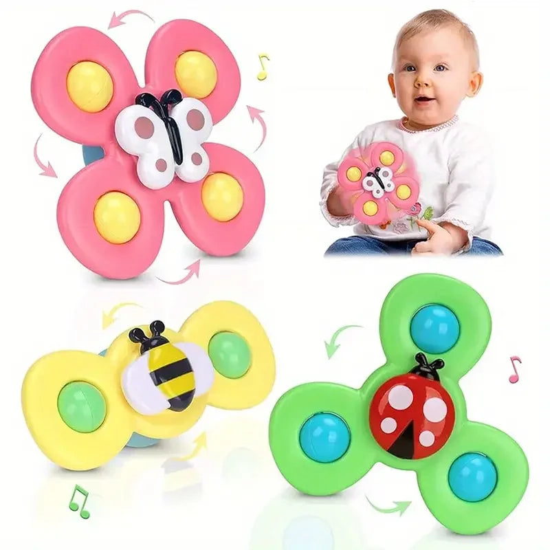 Suction Cup Spinning Top Toy with Cute Bug and Flower Design