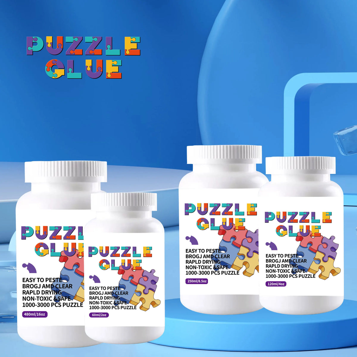 Bottles of Puzzle Glue with colorful puzzle pieces visible on a blue background