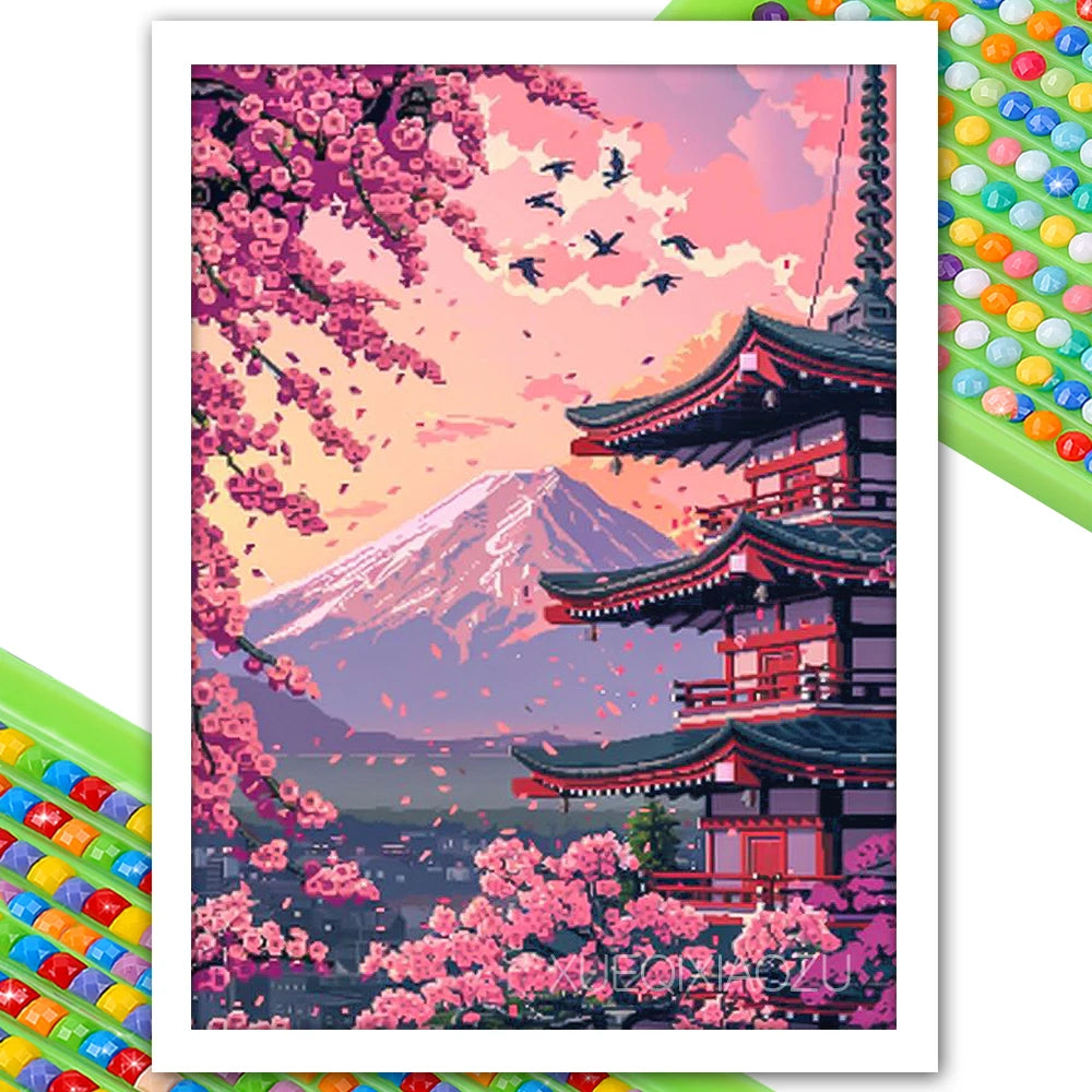Cherry Blossom Tower Diamond Painting Kit – DIY 5D Wall Art for Adults